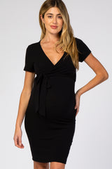 Black Knit Wrap Fitted Maternity/Nursing Dress