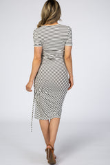 Ivory Striped Side Ruched Midi Dress