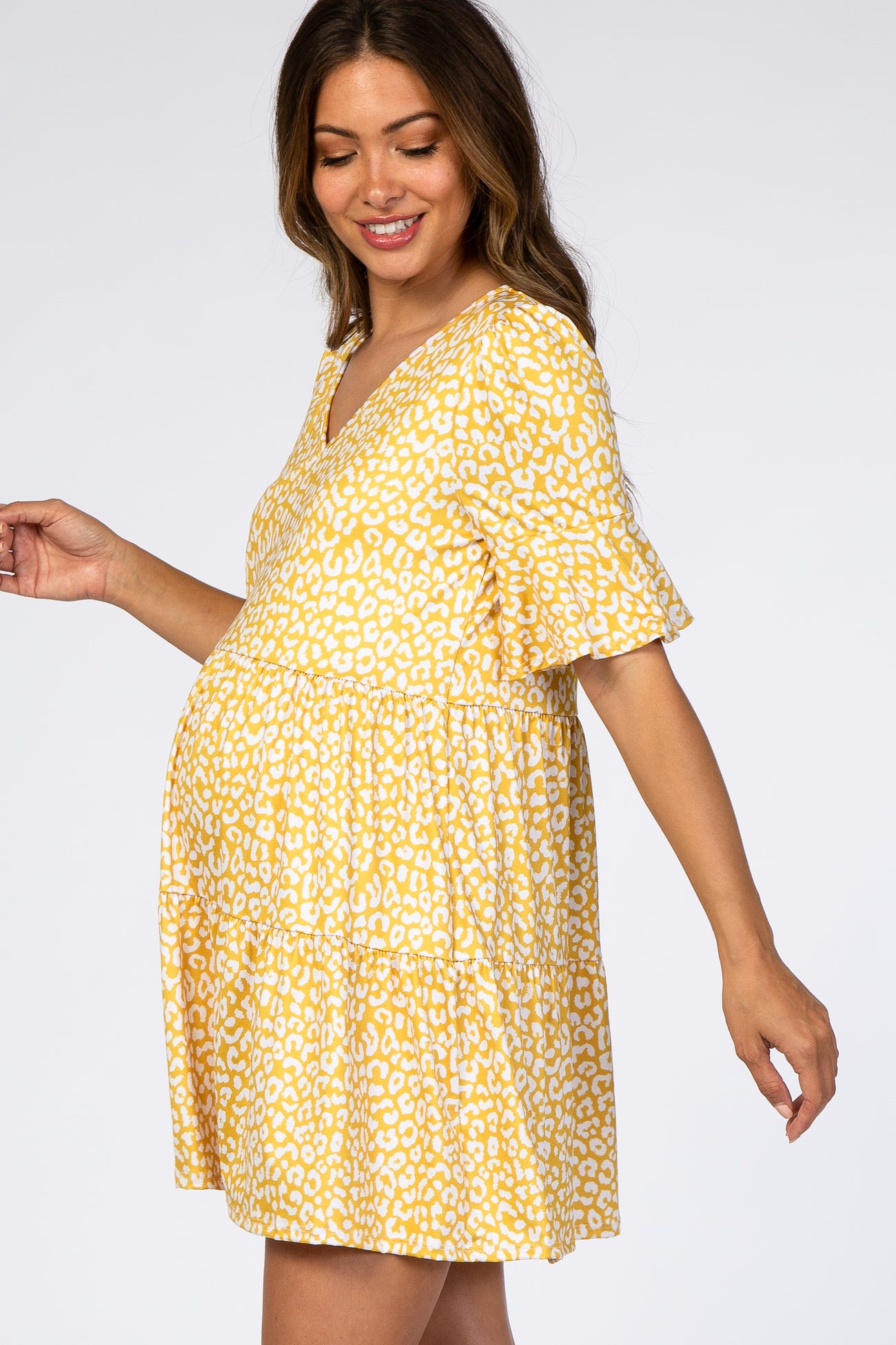 Yellow Animal Print Ruffle Sleeve Maternity Dress