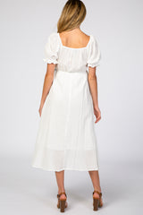 White Smocked Puff Sleeve Maternity Midi Dress