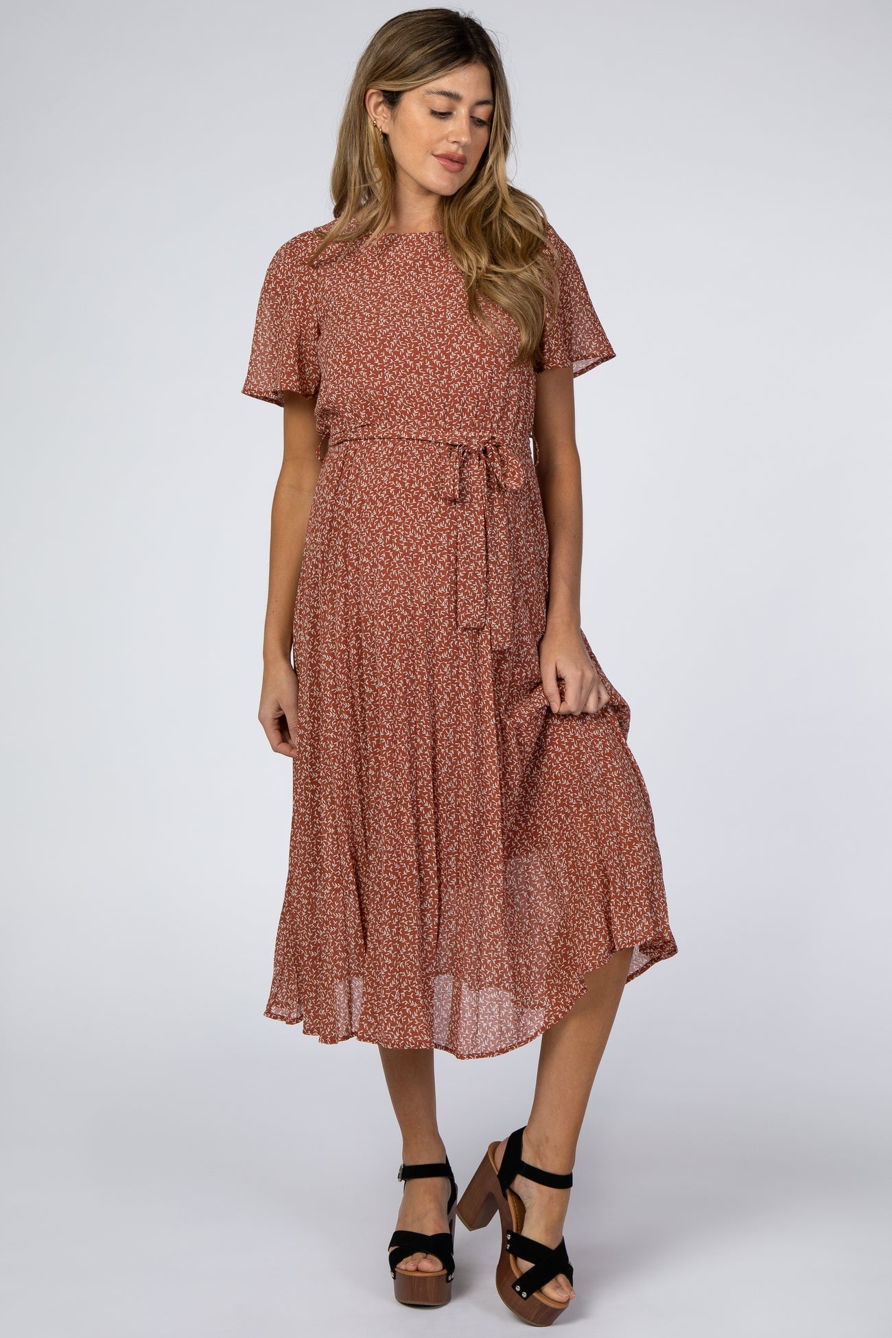 Rust Leaf Print Pleated Maternity Midi Dress