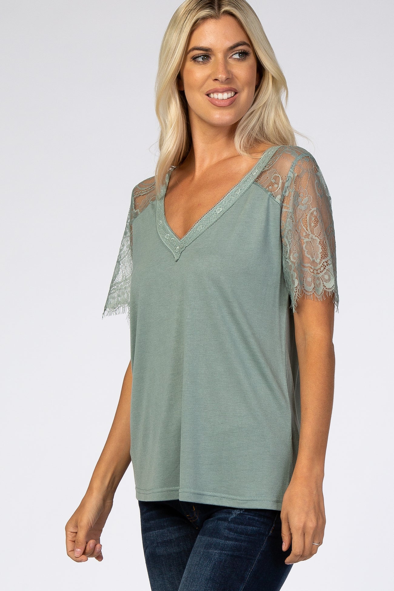 Sage Lace Sleeve V Neck Top
