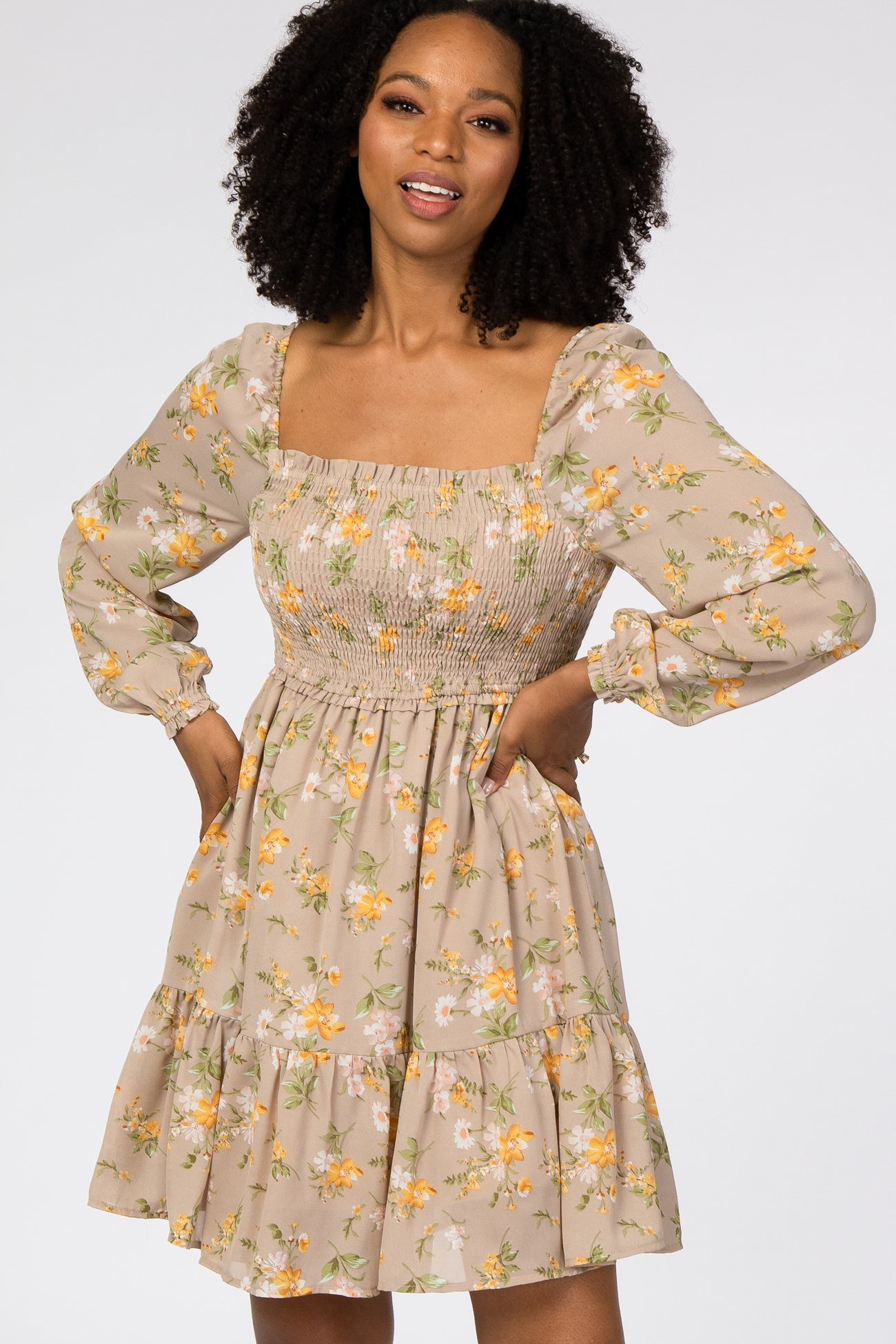 Taupe Floral Chiffon Smocked Square Neck Dress