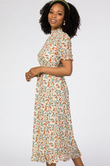 Ivory Floral Mock Neck Midi Dress