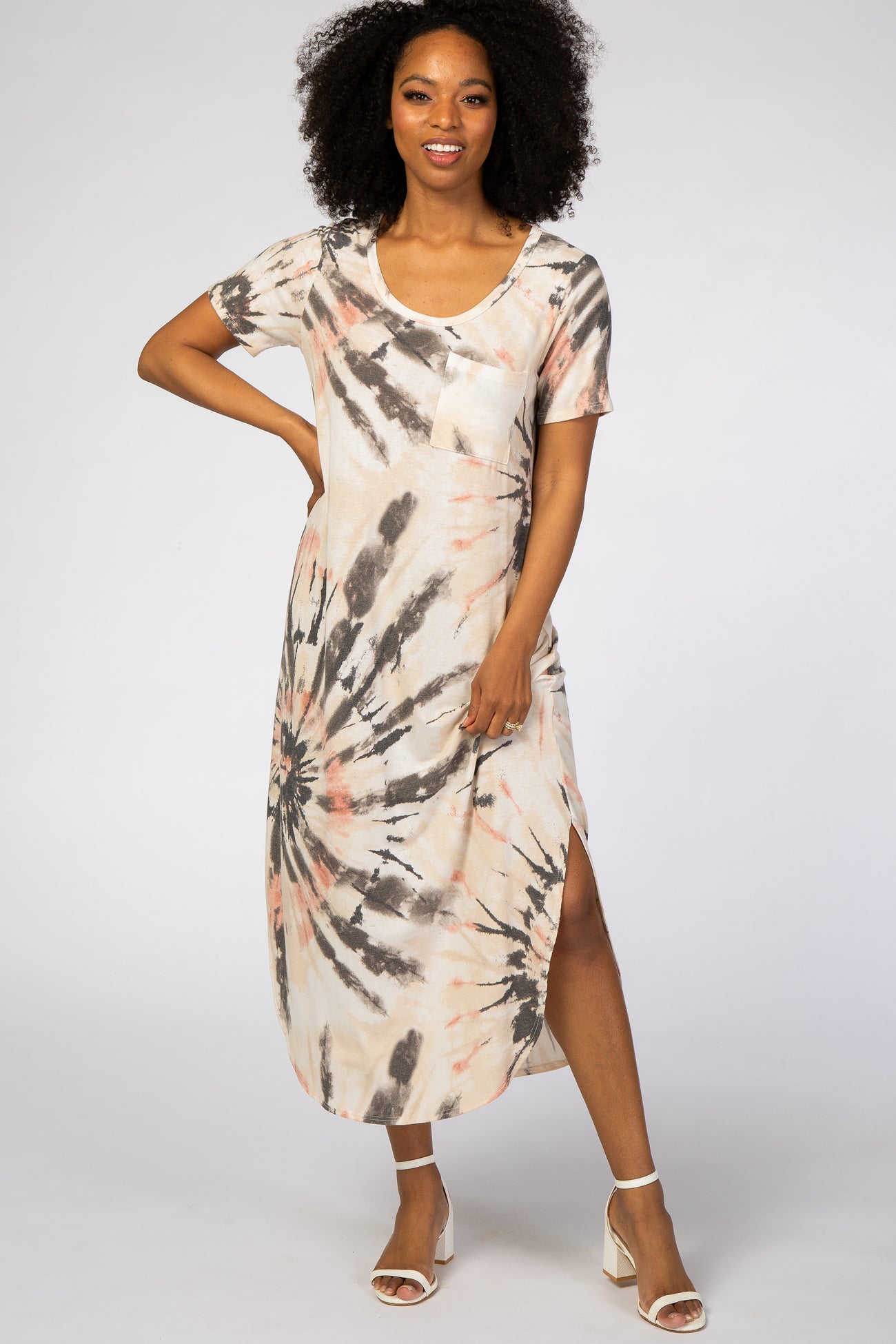 Cream Tie Dye Curved Hem Maternity Dress