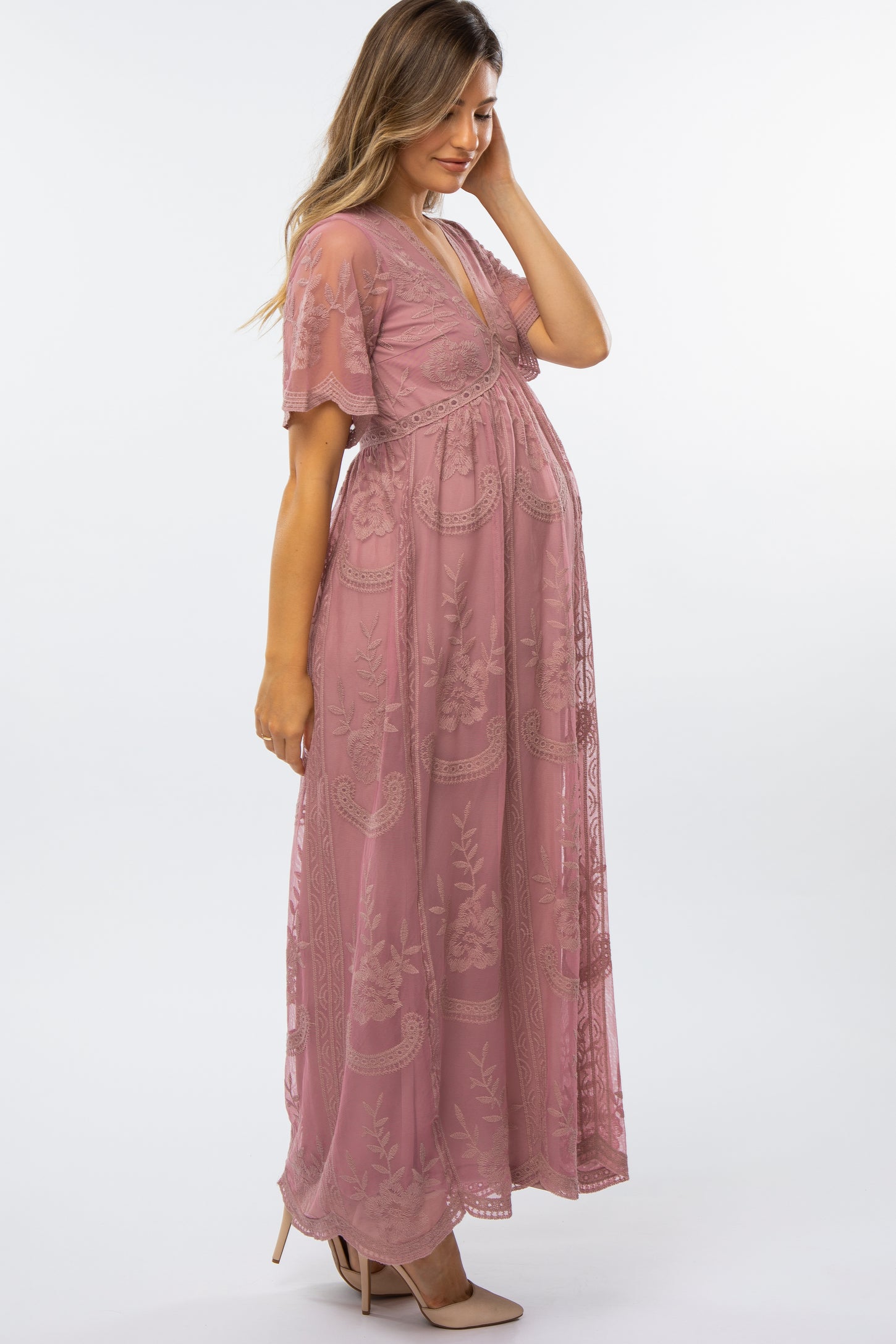 Mauve Lace Mesh Overlay Maternity Maxi Dress