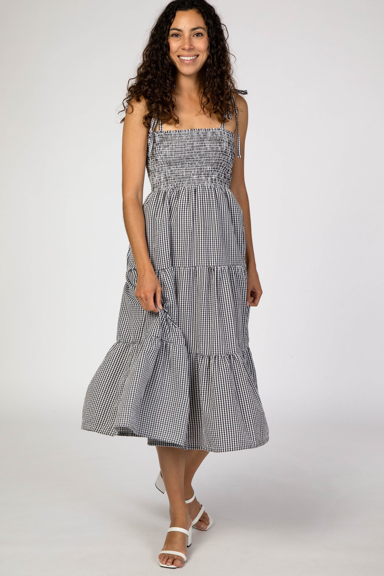 Black Checkered Tiered Maternity Midi Dress