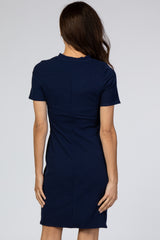 Navy Ribbed Ruched Side Fitted Short Sleeve Dress