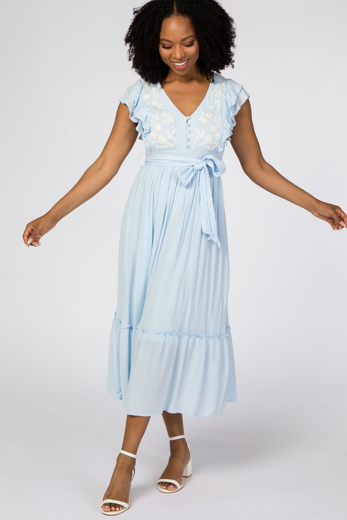 Light Blue Embroidered Waist Tie Ruffle Maternity Midi Dress