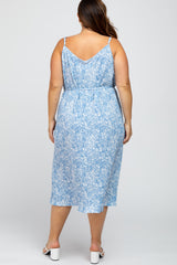 Blue Floral Pleated Plus Midi Dress