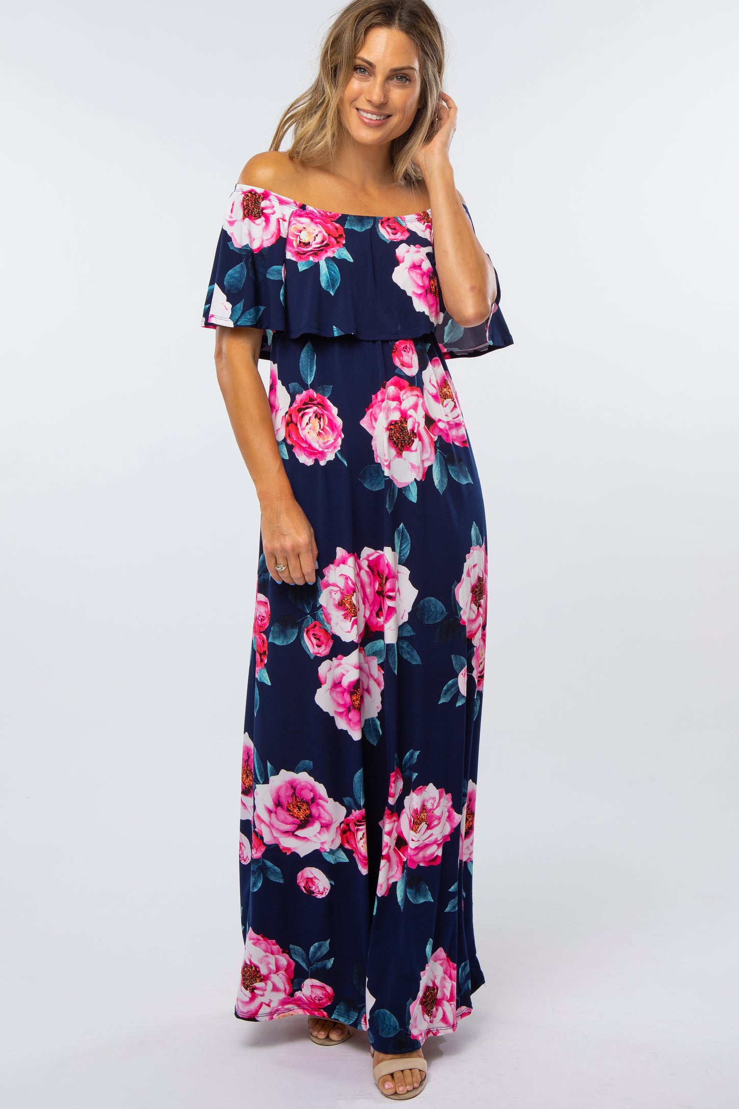 Navy Floral Off Shoulder Flounce Maternity Maxi Dress