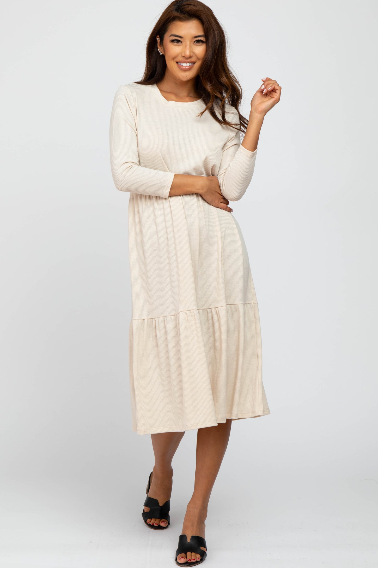 Beige Tiered Ribbed 3/4 Sleeve Midi Dress