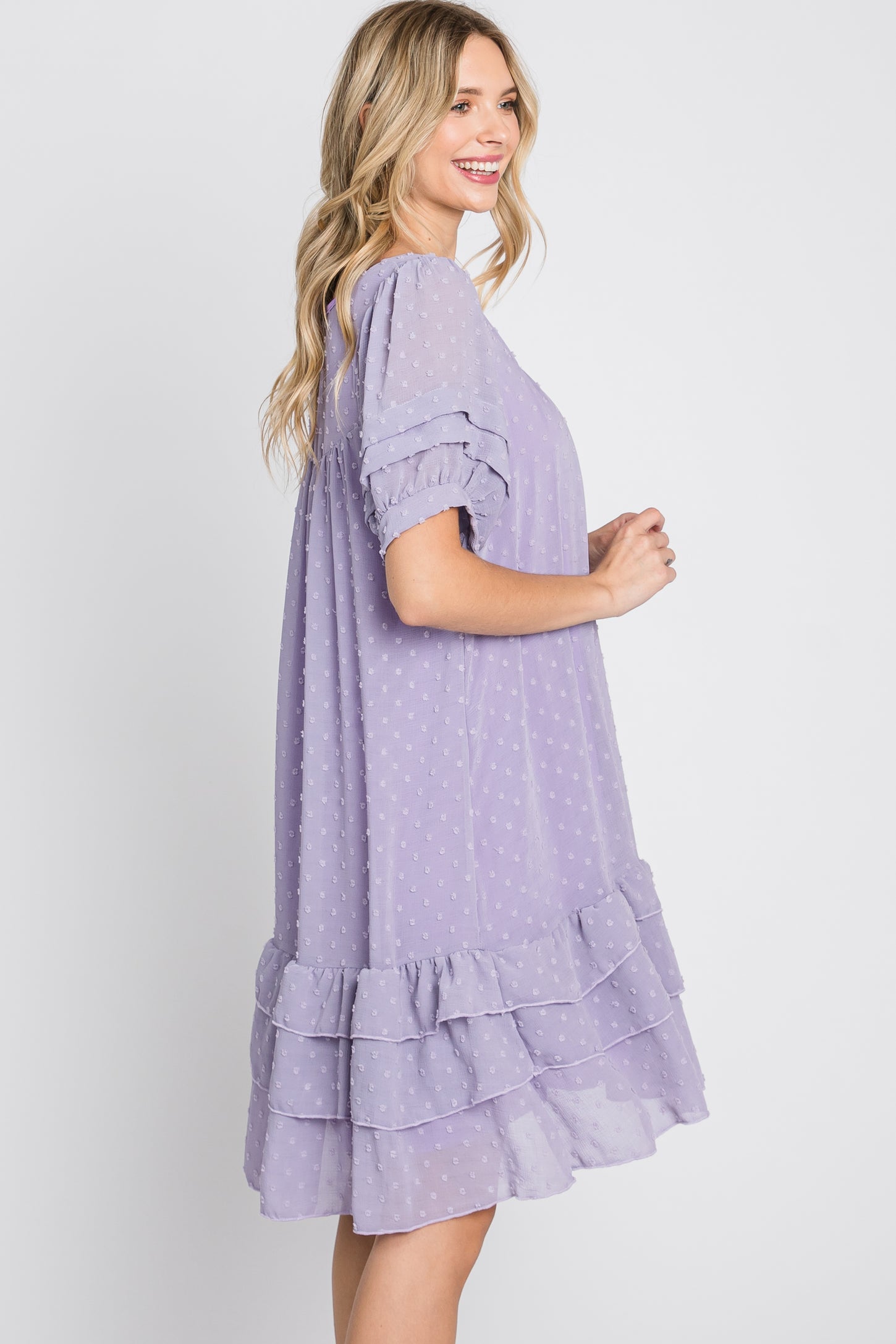 Lavender Chiffon Swiss Dot Ruffle Hem Midi Dress