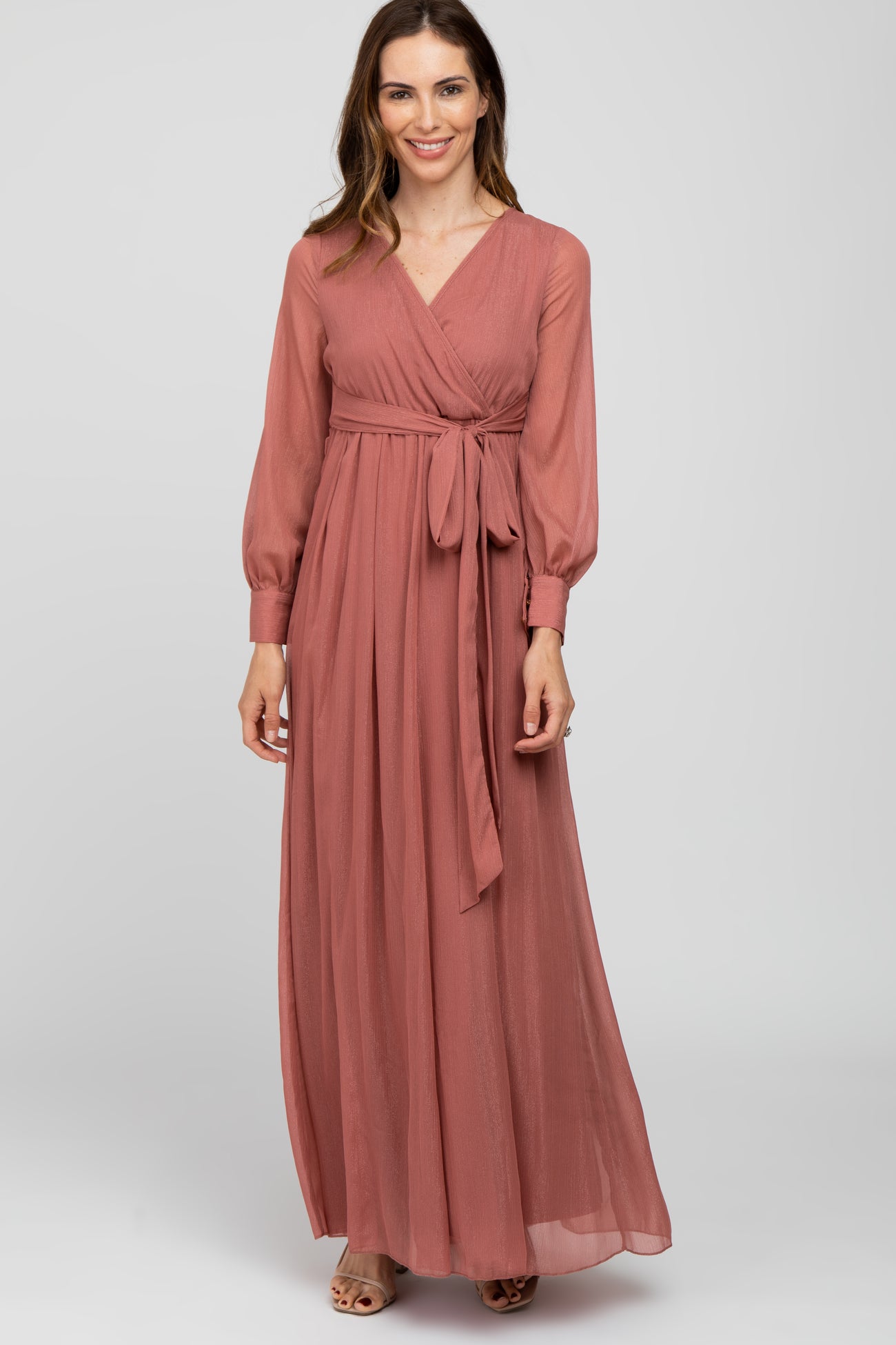 Pink Metallic Chiffon Maternity Maxi Dress