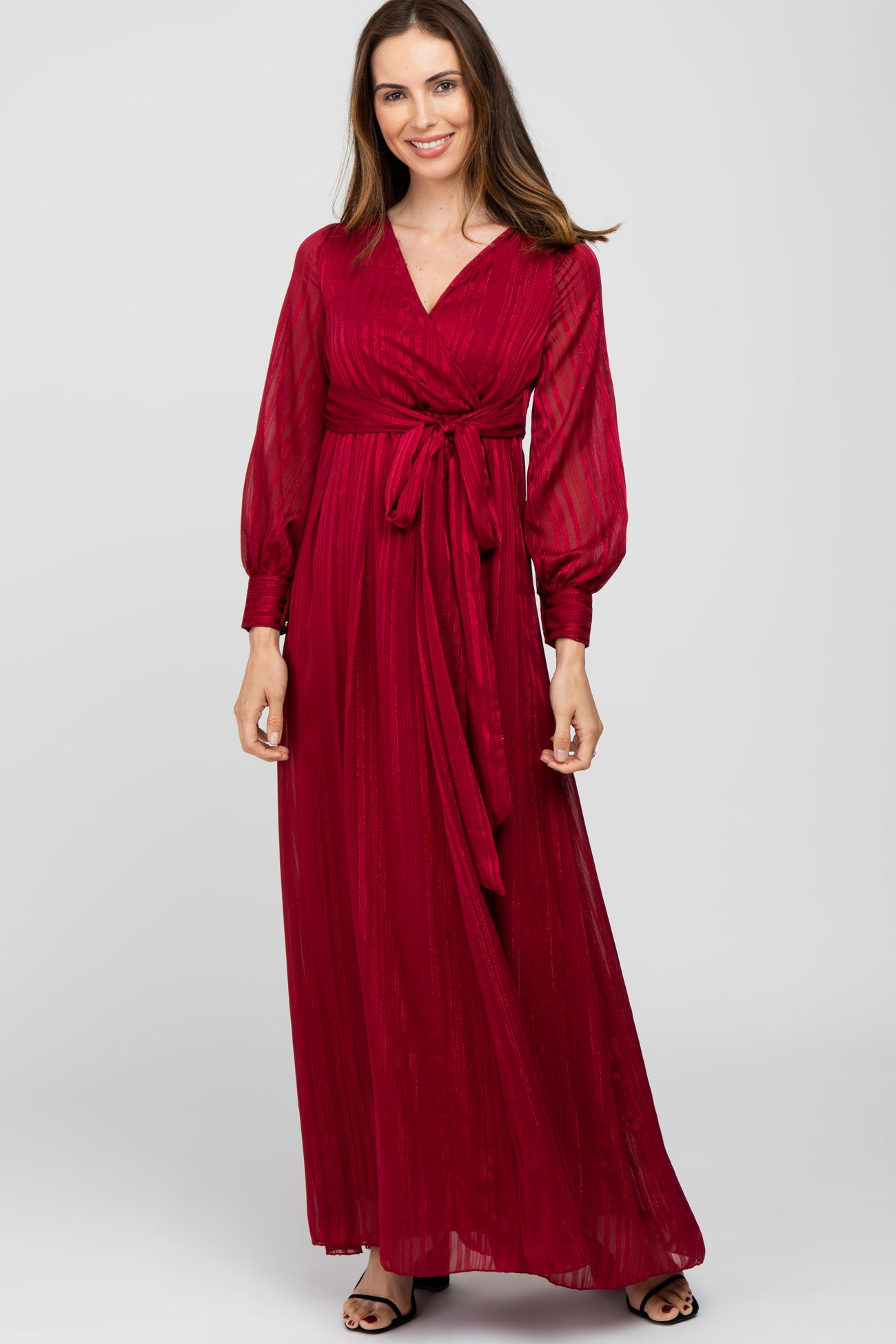 Burgundy Metallic Striped Chiffon Maternity Maxi Dress