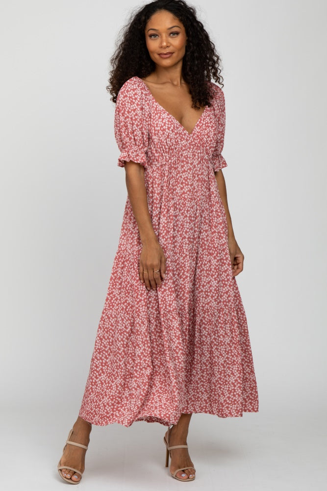 Pink Floral Floral V-Neck Ruffle Sleeve Midi Dress