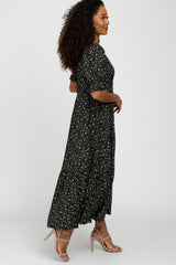 Green Floral V-Neck Ruffle Sleeve Midi Dress