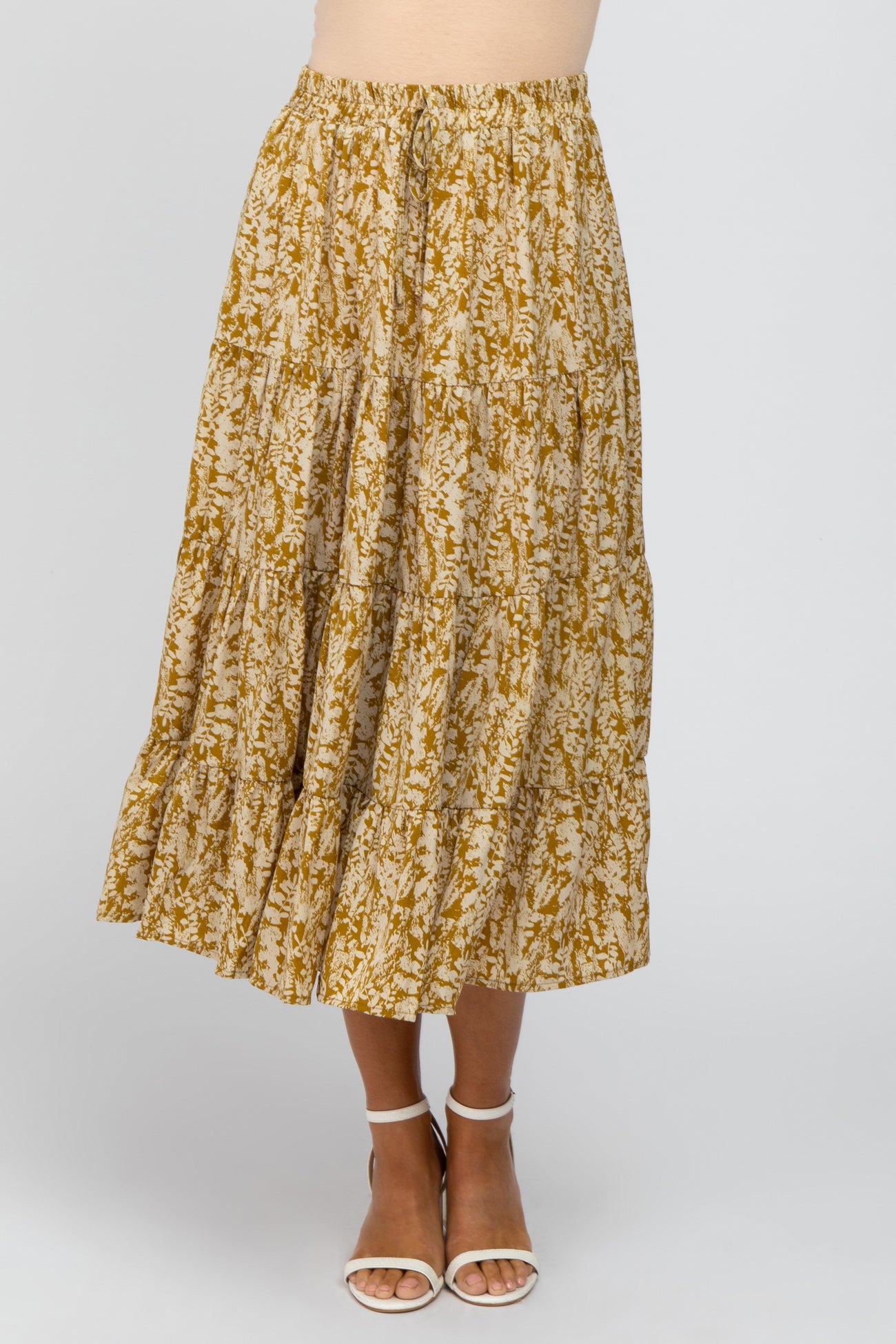 Yellow Leaf Print Tiered Midi Skirt