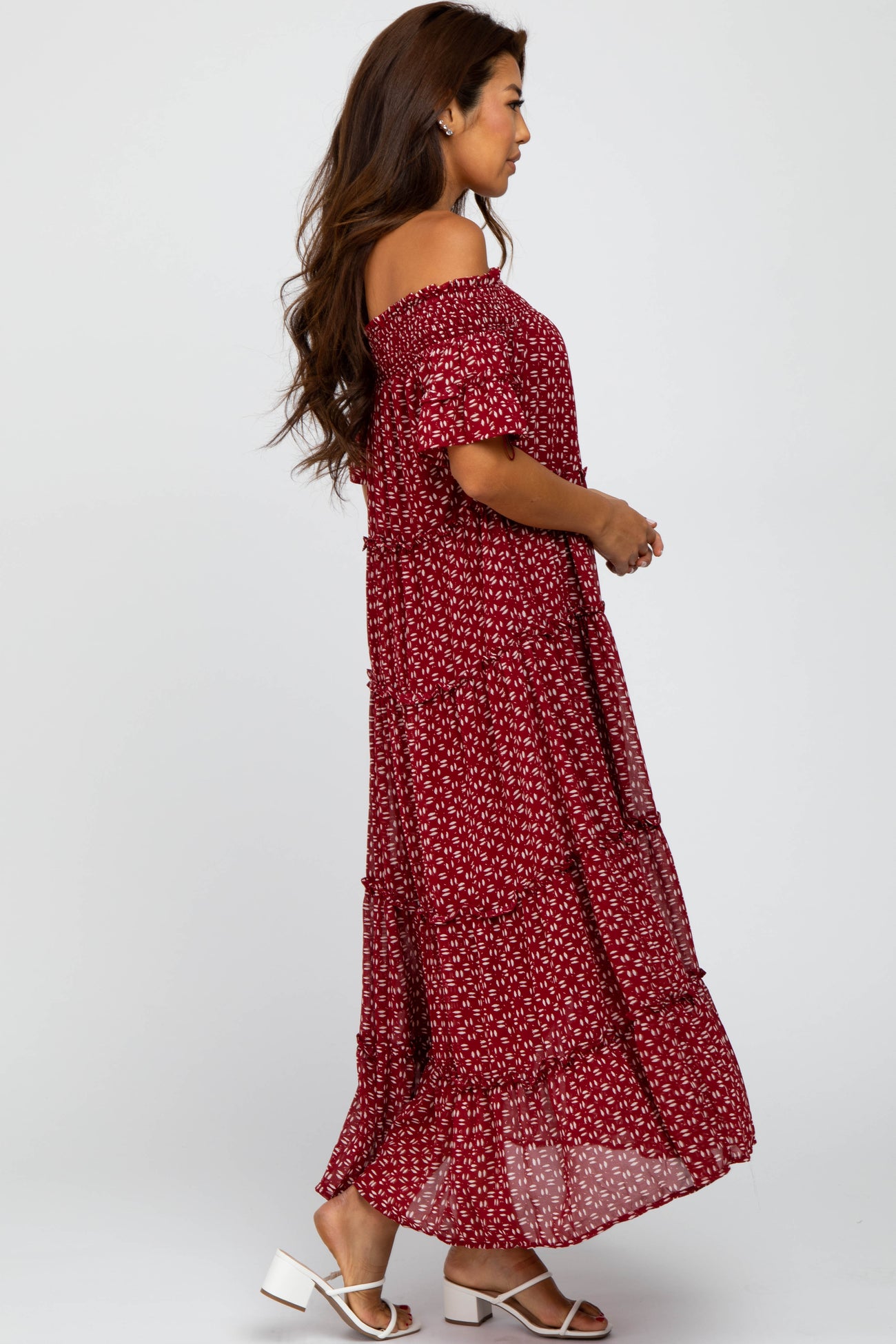 Burgundy Printed Off Shoulder Maxi Dress