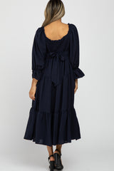 Navy Blue Square Ruffle Neck Smocked Midi Dress