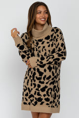 Taupe Leopard Turtleneck Maternity Sweater Dress