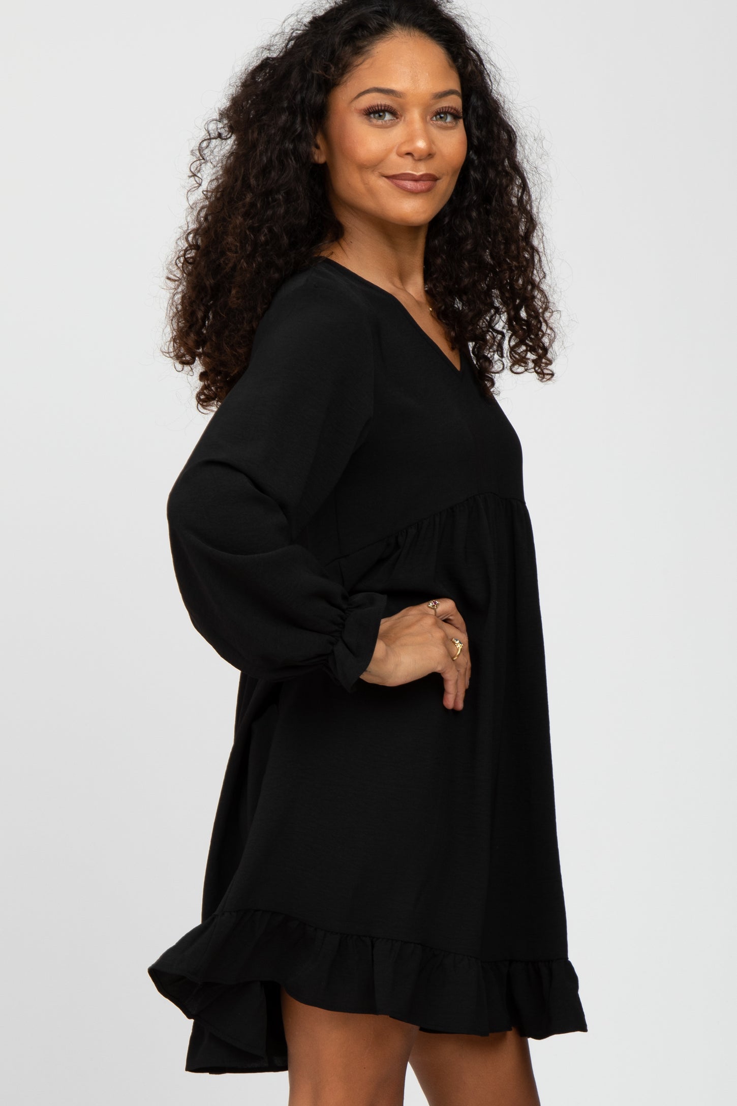 Black Ruffle Trim Long Sleeve Dress