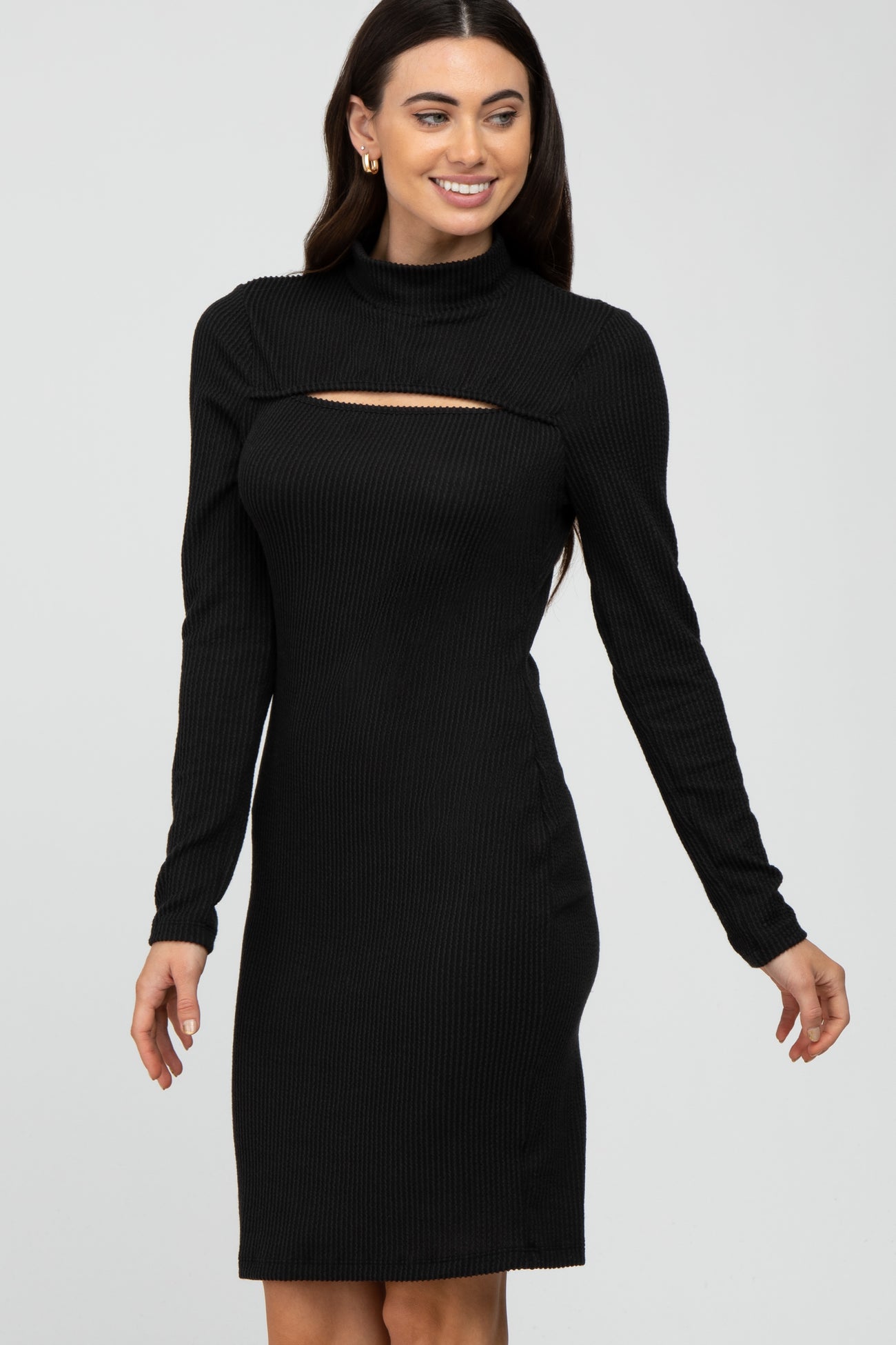 Black Ribbed Mock Neck Front Cutout Dress