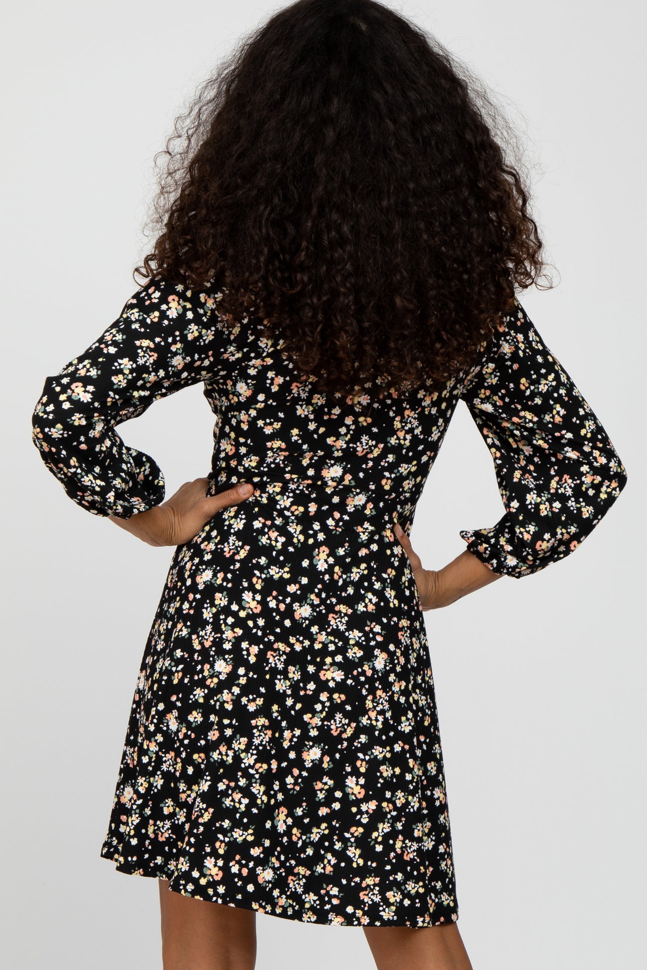 Black Floral Ribbed Ruched Bust Dress