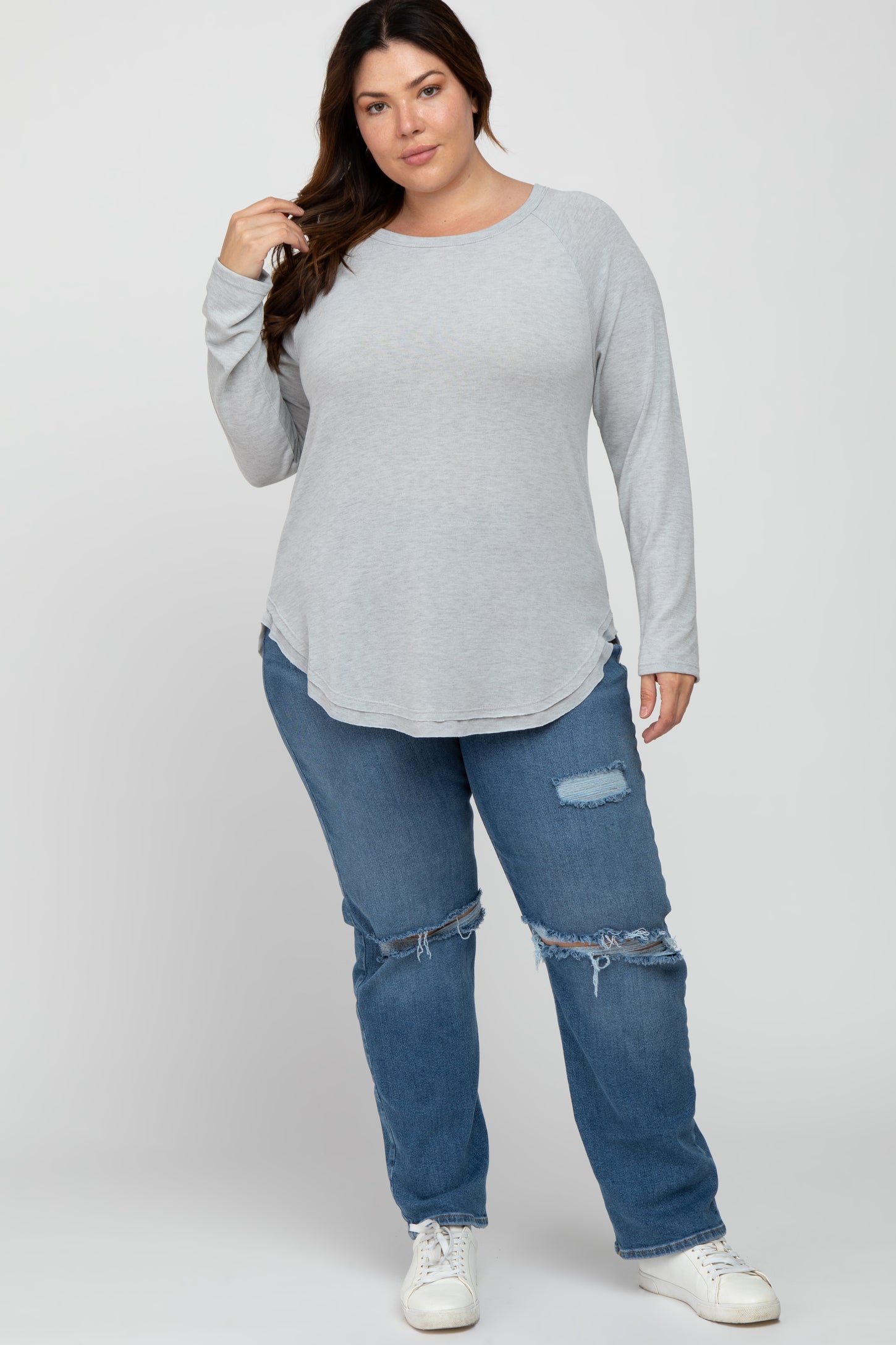 Heather Grey Soft Knit Layered Round Hem Plus Top