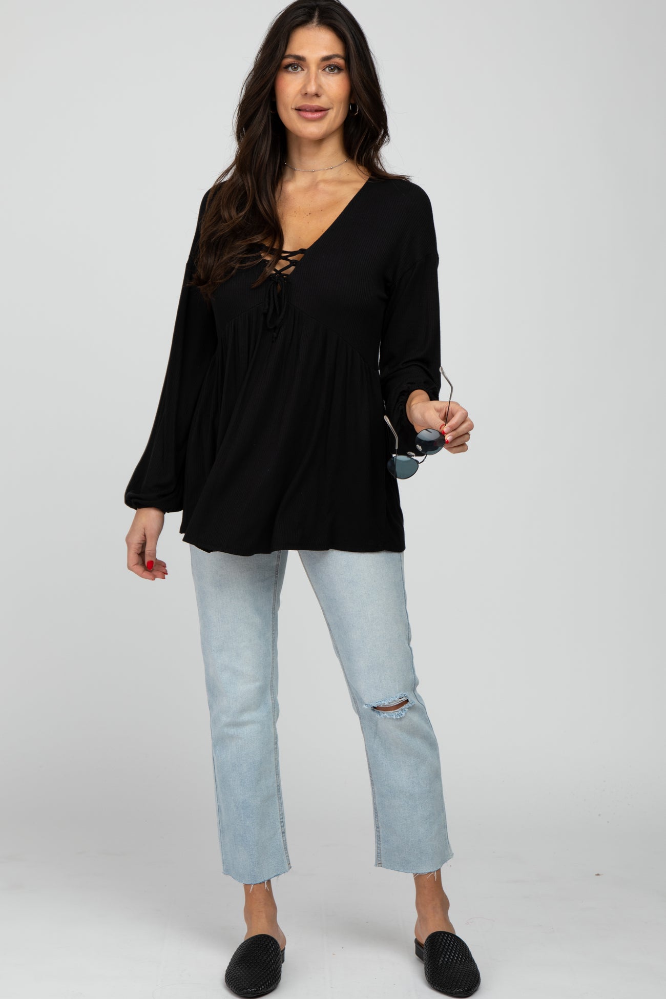 Black Lace-Up Front Long Sleeve Babydoll Top