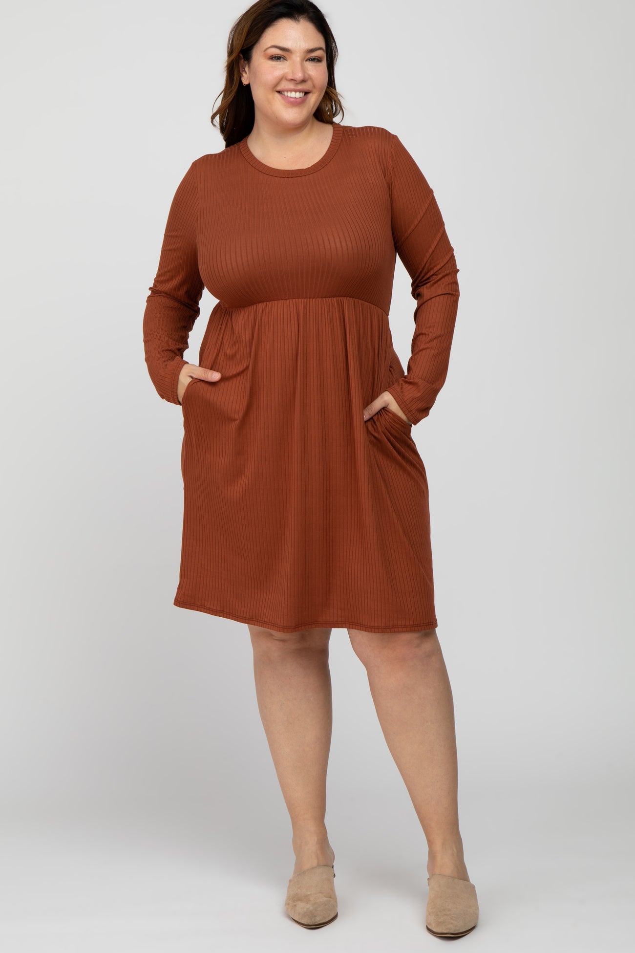 Rust Ribbed Long Sleeve Plus Dress