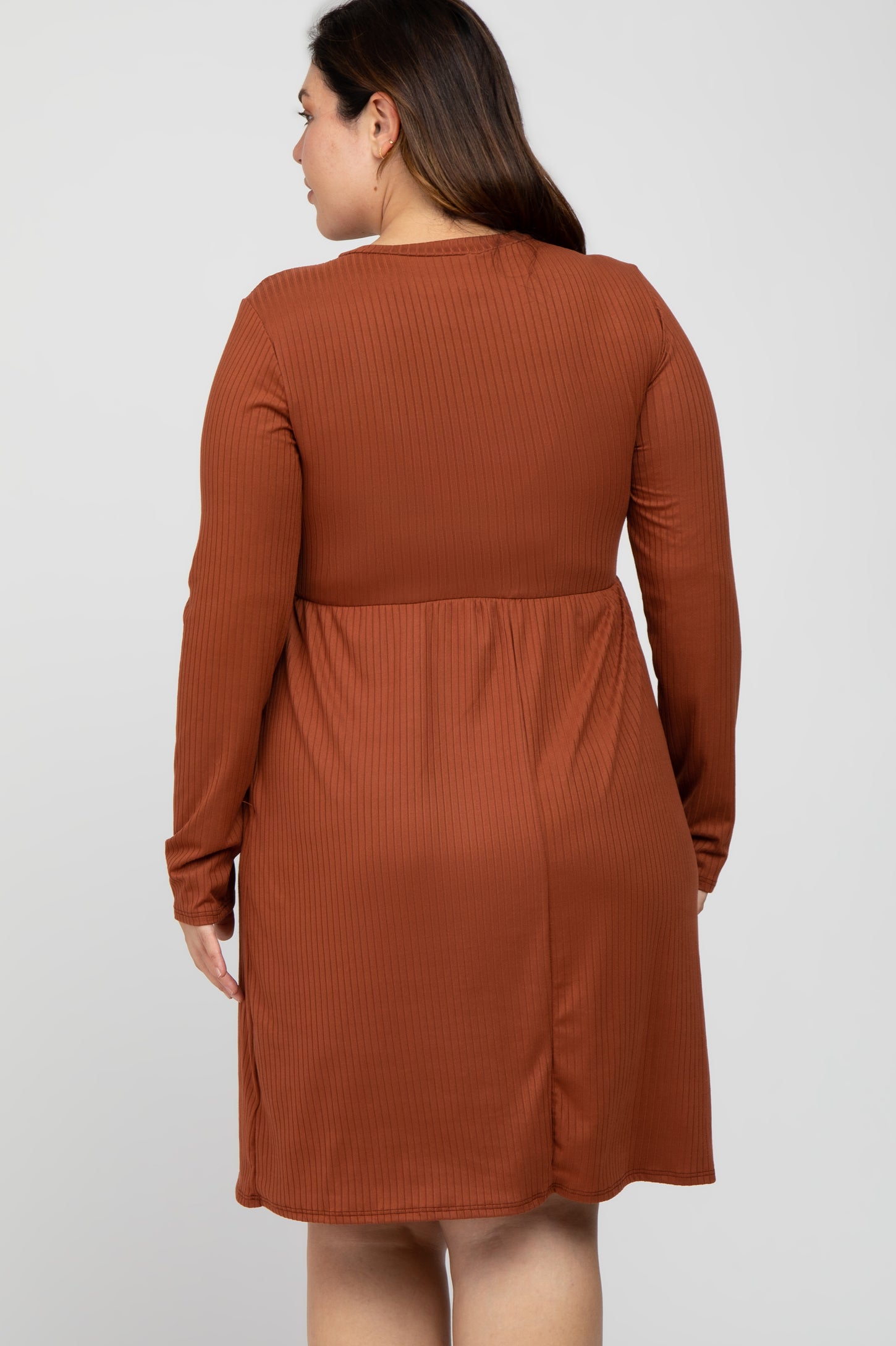 Rust Ribbed Long Sleeve Plus Dress