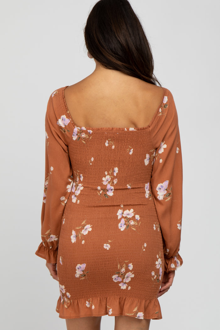 Camel Floral Long Sleeve Smocked Mini Dress