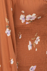 Camel Floral Long Sleeve Smocked Mini Dress