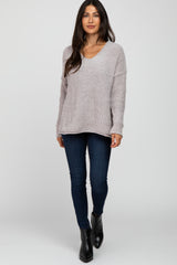 Beige Chenille V-Neck Hooded Sweater