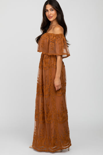 Camel Lace Overlay Off Shoulder Flounce Maxi Dress