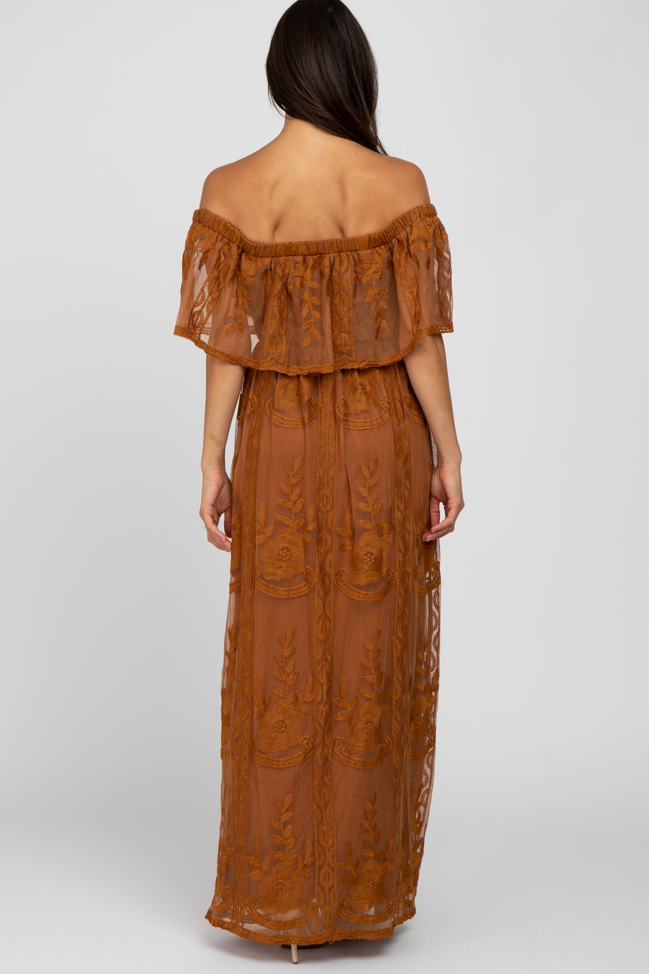 Camel Lace Overlay Off Shoulder Flounce Maxi Dress