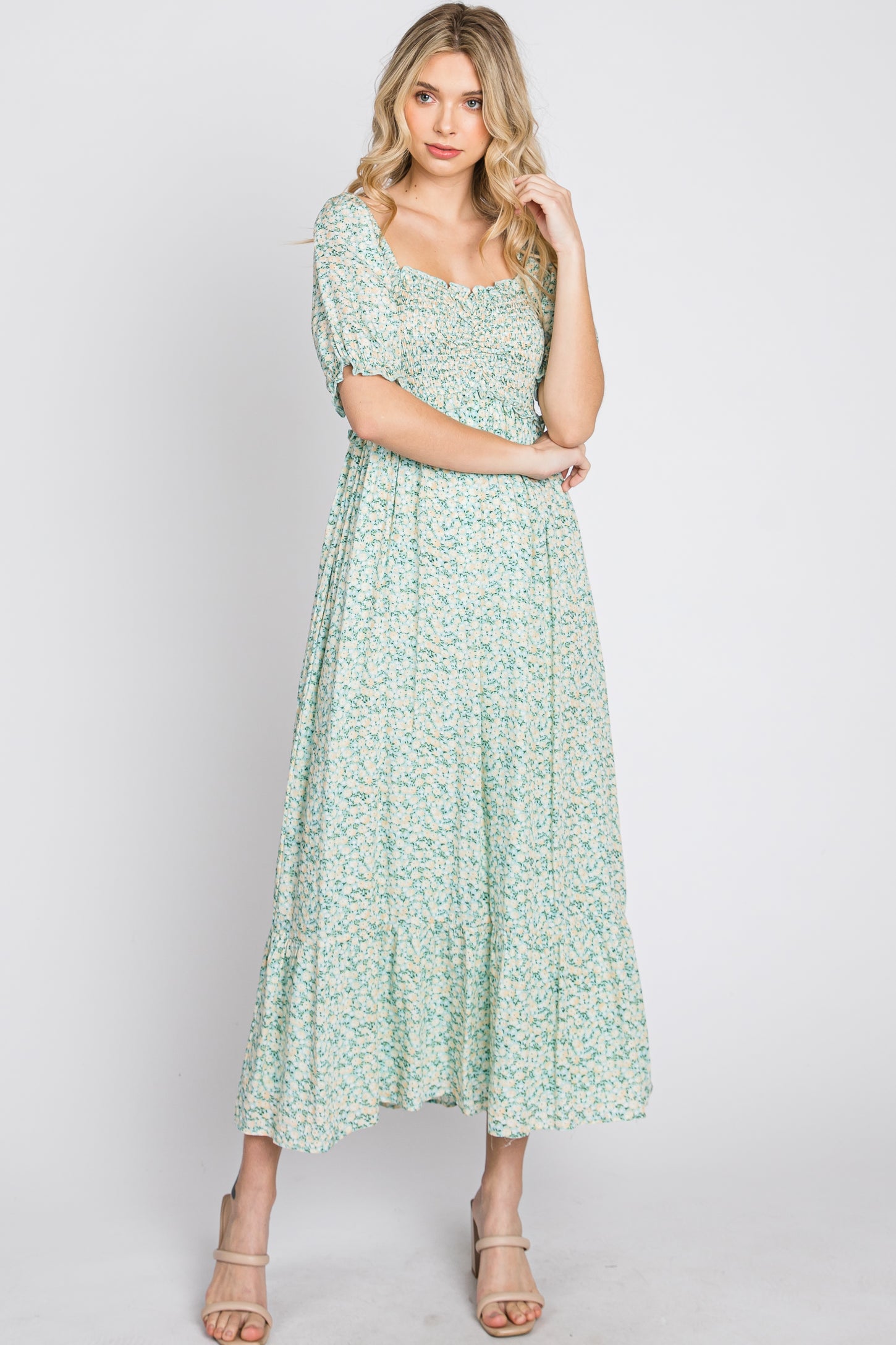 Mint Floral Sweetheart Neck Midi Dress