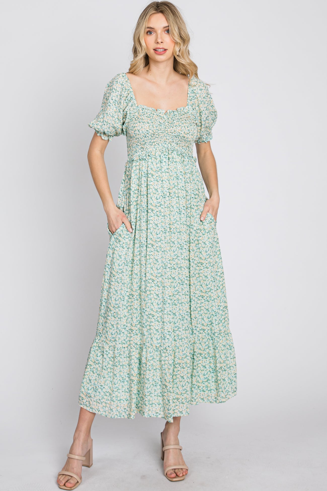 Mint Floral Sweetheart Neck Midi Dress
