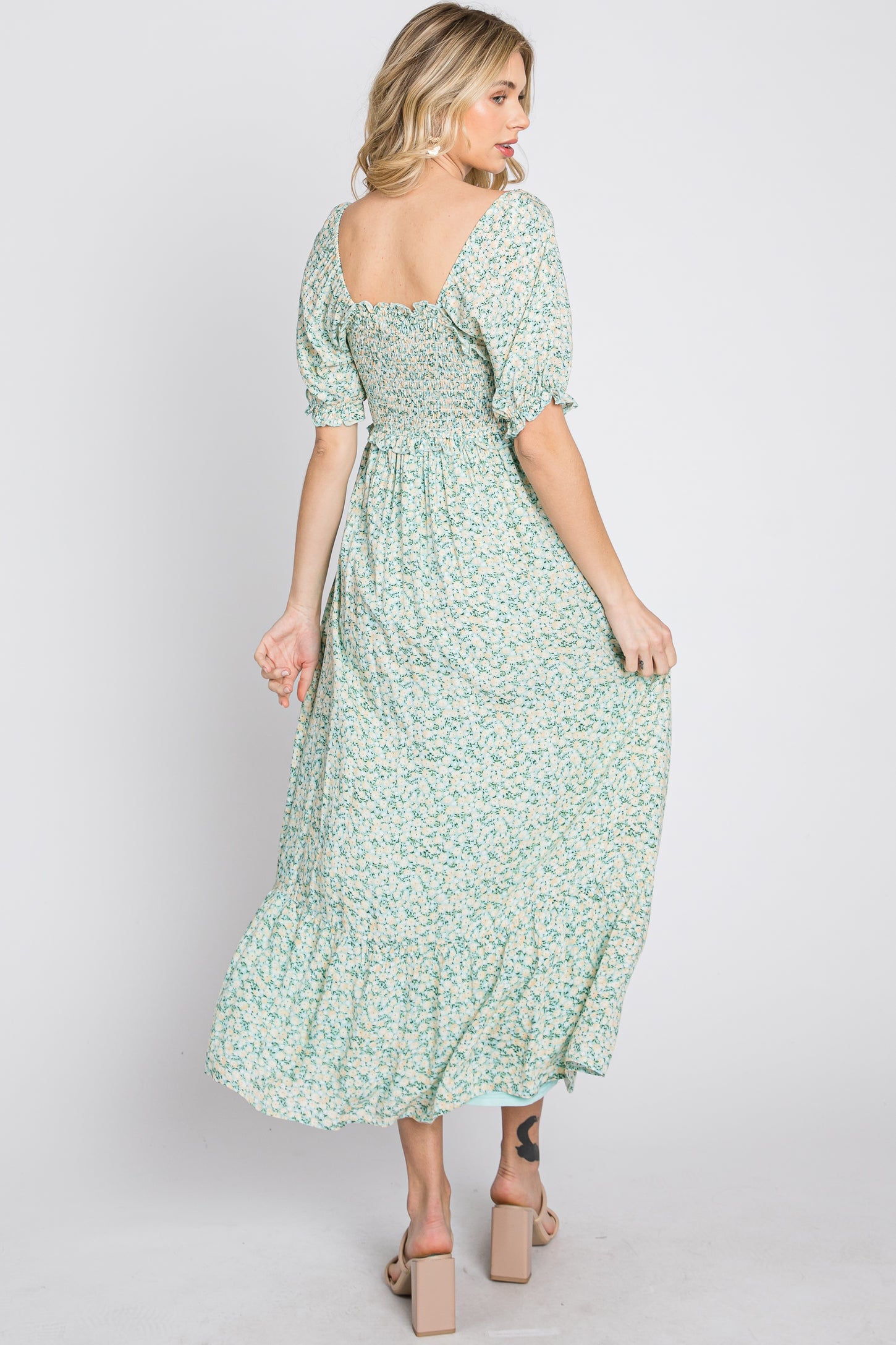 Mint Floral Sweetheart Neck Midi Dress
