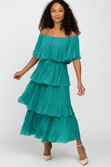 Jade Solid Off Shoulder Pleated Ruffle Midi Dress