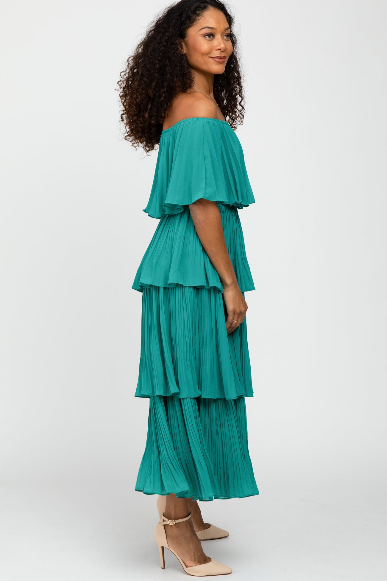 Jade Solid Off Shoulder Pleated Ruffle Midi Dress
