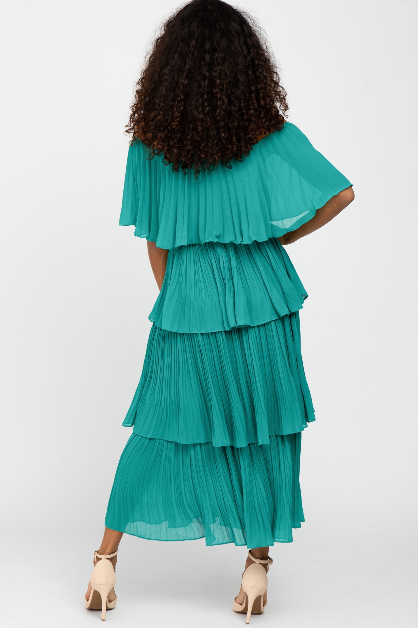 Jade Solid Off Shoulder Pleated Ruffle Midi Dress