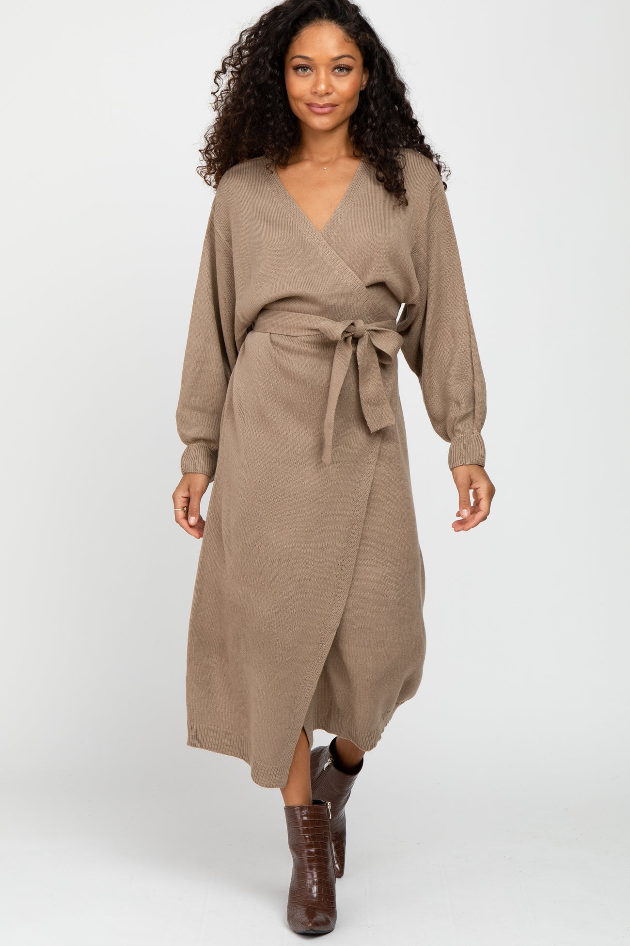 Mocha Wrap Sweater Knit Maternity Midi Dress