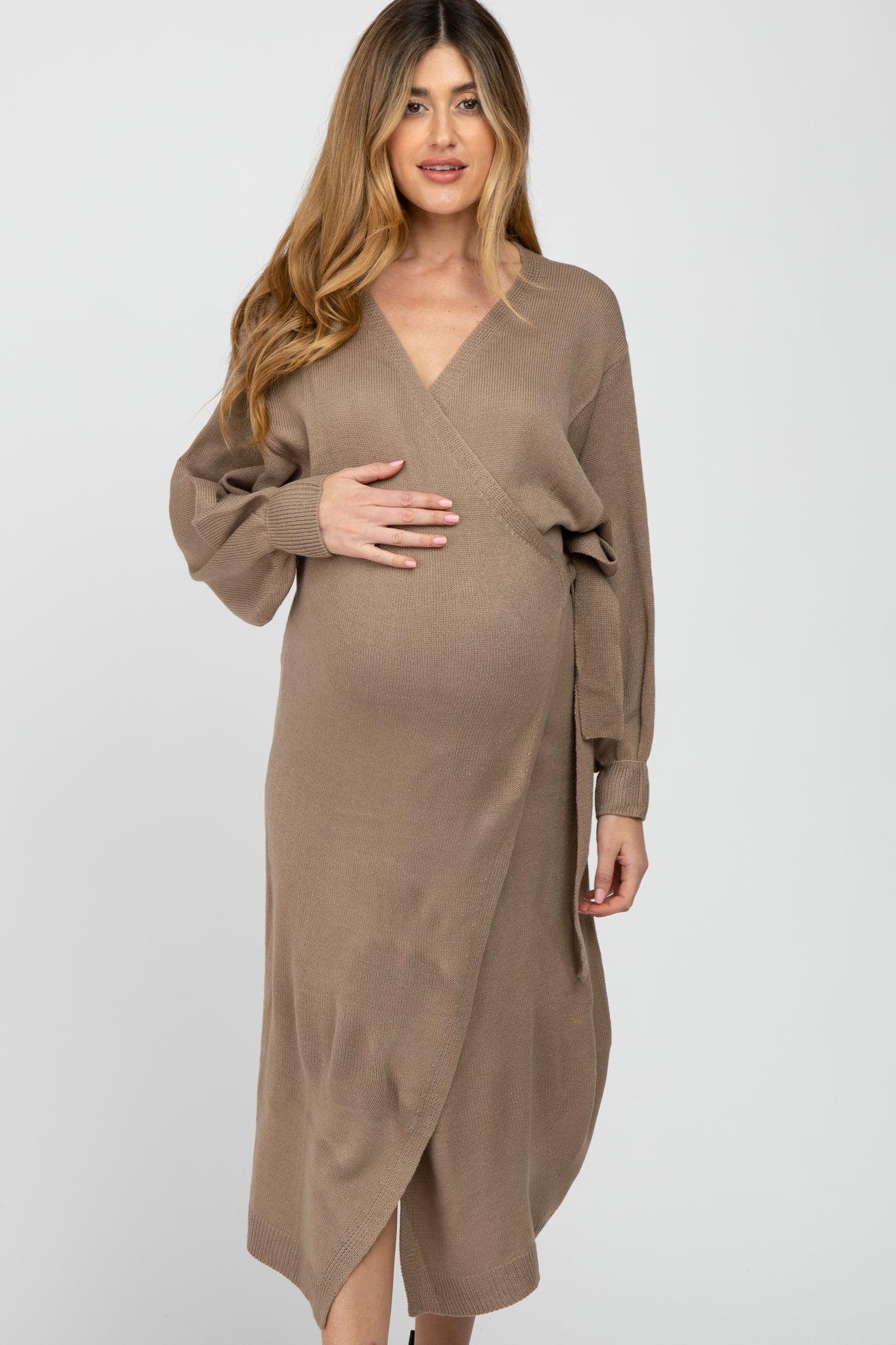 Mocha Wrap Sweater Knit Maternity Midi Dress