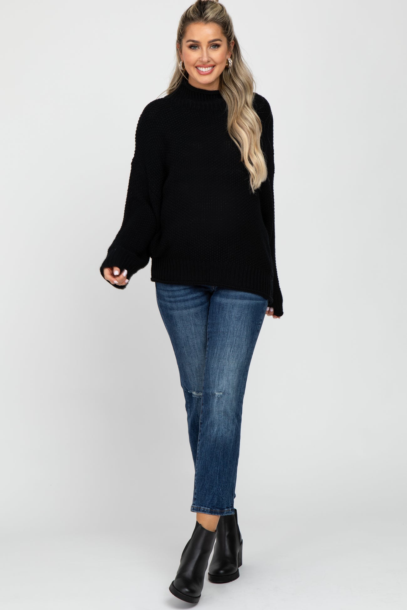 Black Mock Neck Cable Knit Maternity Sweater