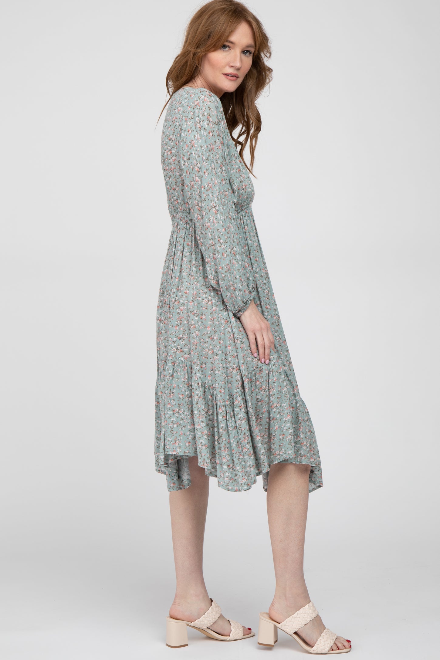 Sage Ditsy Floral V-Neck Handkerchief Dress