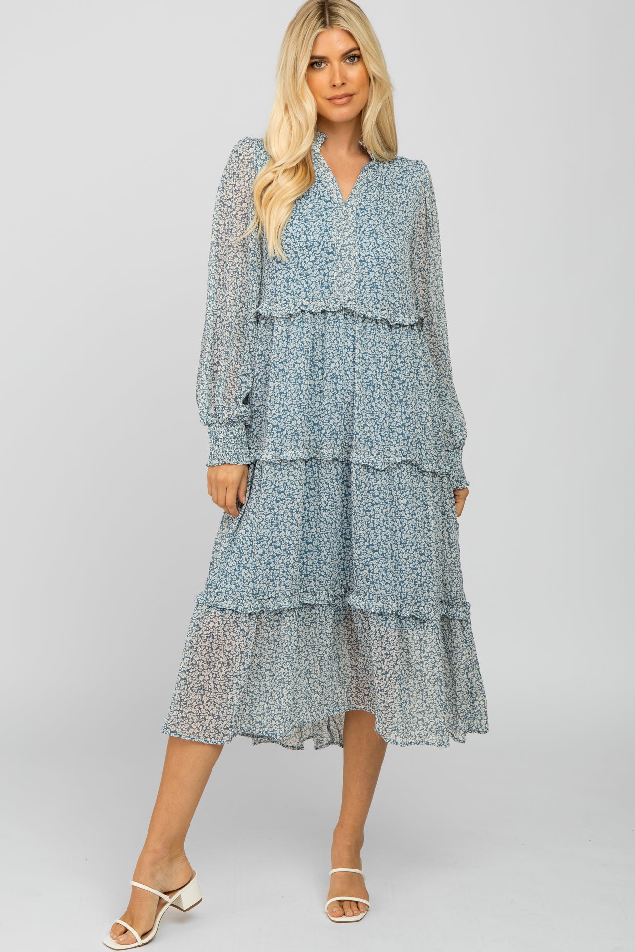 Light Blue Floral Print Ruffle Tiered Dress