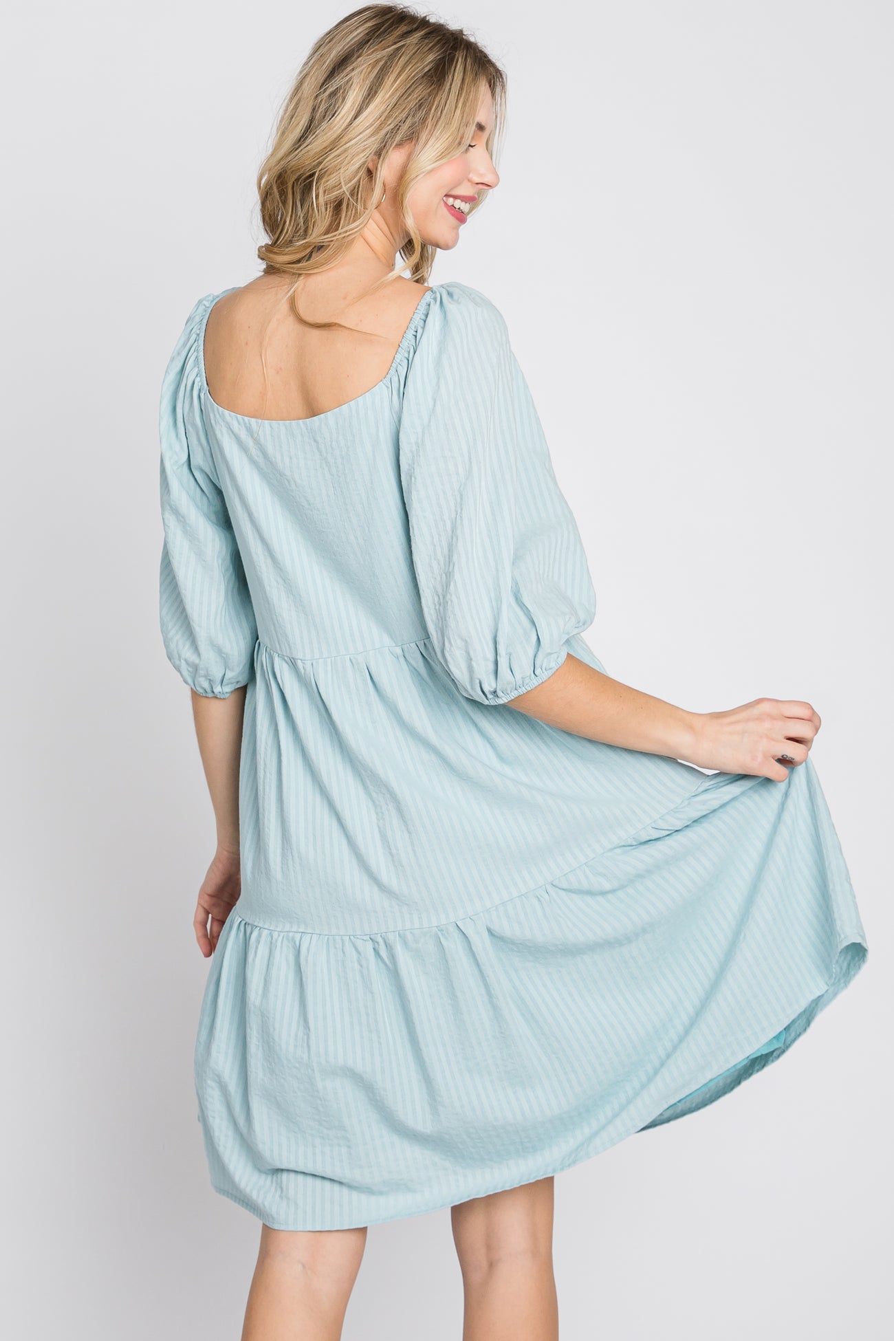 Light Blue Striped Square Neck Puff Sleeve Dress
