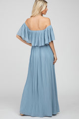 Light Blue Chiffon Pleated Off Shoulder Maxi Dress
